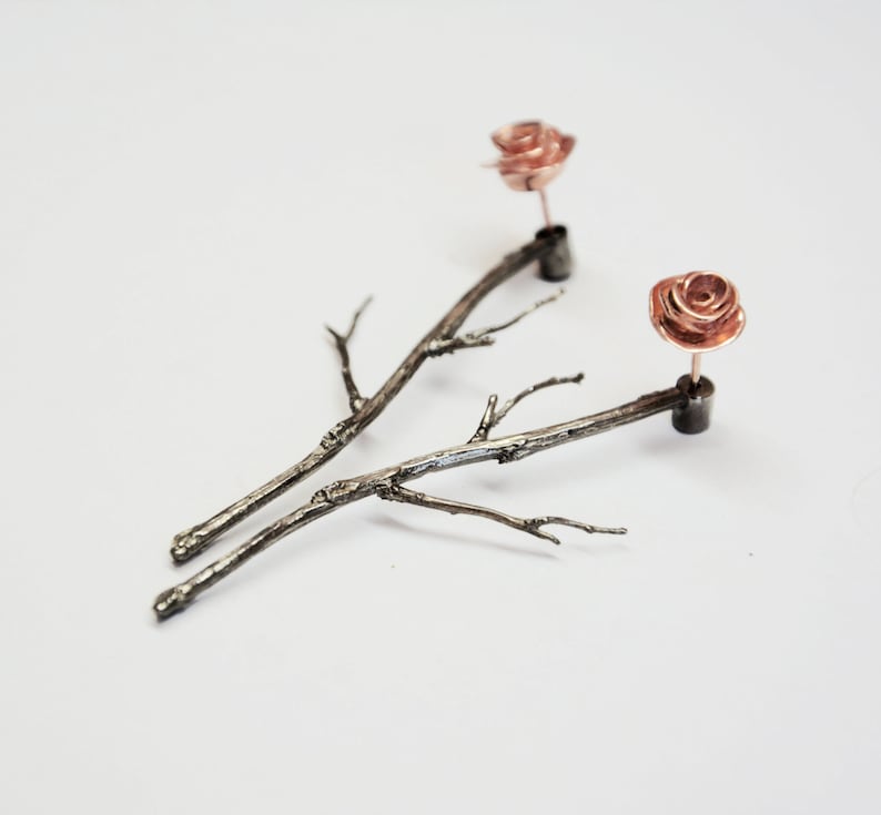 silver rose earjackets, rose gold ear jacket, silver branches earrings, roses earrings, front back earrings, rose studs flower gift for her image 1