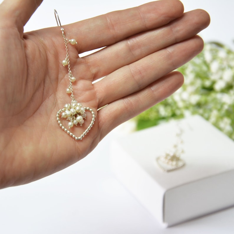 silver pearl bridal earrings, boho pearl wedding earrings, statement earrings, chandelier earrings, unique pearl bridal earrings boho bridal image 4