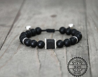 matte black onyx silver bracelet for men, black lava unisex bracelet, mens bracelet, mens gift, adjustable gemstone healing bracelet for men