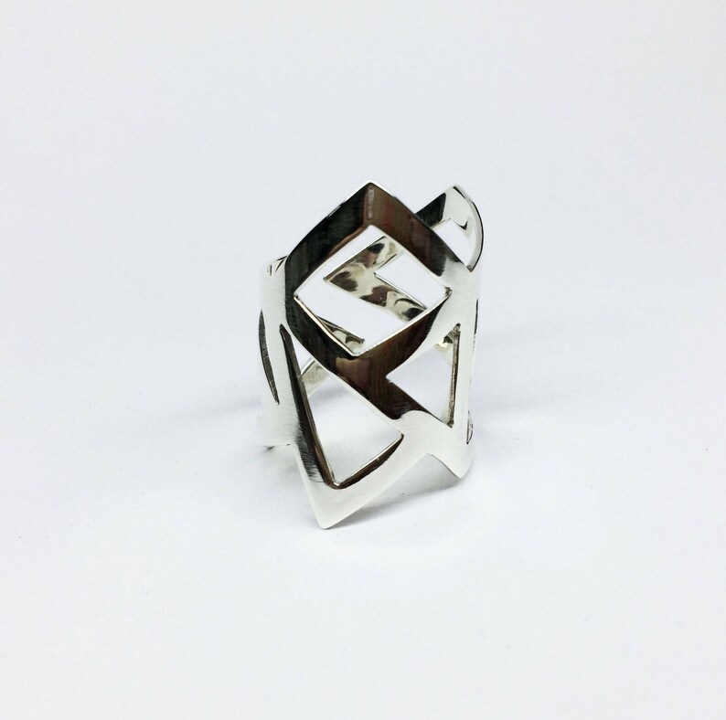silver statement ring, geometry ring, architectural ring, contemporary ring, handmade minimalist ring, adjustable ring, triangle ring image 3