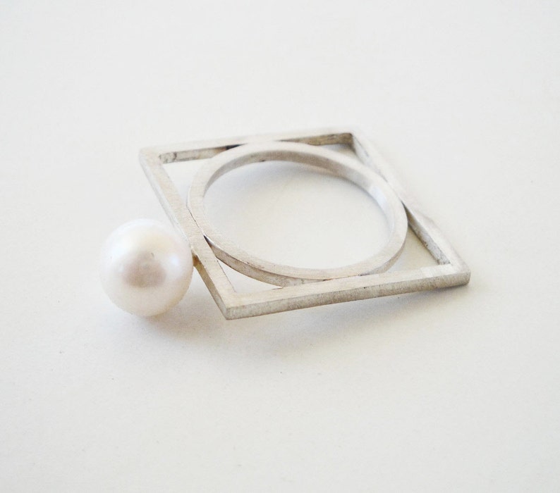 solitaire silver pearl ring,white pearl wedding ring, silver rectangle ring, fresh water pearl ring,geometry ring, architectural ring image 1