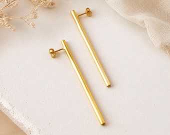 Simple gold minimal bar earrings, handmade geometric gold line earrings, 24K gold plated bronze, statement minimalist jewelry, gift for her