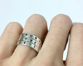 personalized silver rings,silver text ring set of 3,, name ring, handstamped customized rings, stacking rings, live love laugh