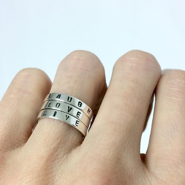 personalized silver rings,silver text ring set of 3,, name ring, handstamped customized rings, stacking rings, live love laugh