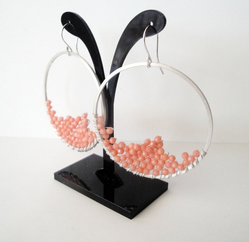 wire wrapped sterling silver hoop earrings pink peach coral beads image 3