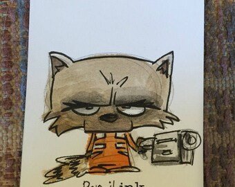 Rakete Racoon ACEO ursprüngliche Skizze Karte Aquarell