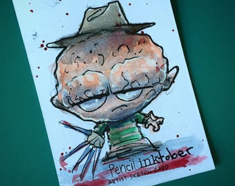 Freddy Krueger - Inktober #1 Kakao Aquarellskizze Karte - Nightmare on Elm Street