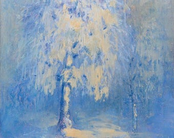 Verschneiter Baum Kunstdruck: Blauer Winterwald auf Katana Leinwand