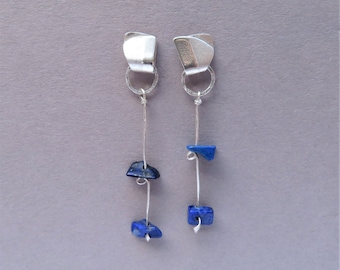 Long lapis lazuli earrings dangle, casual blue earrings, unique gifts, silver modern earrings, Long gem stone earrings, Textured statement