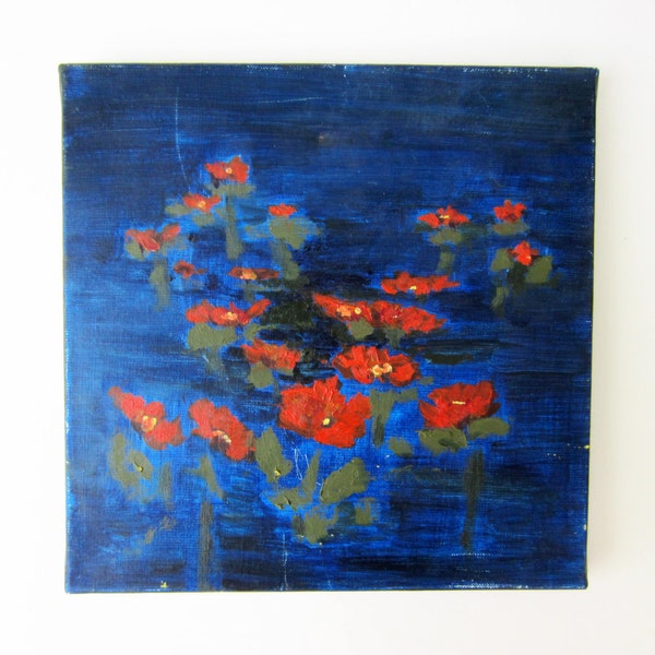 French PAINTING⎮OIL on canvas⎮red FLOWERS blue background⎮romantic impressionism⎮square painting⎮modern wall decor