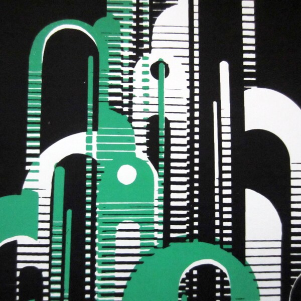 AFFICHE sérigraphie années 70⎮ARCHITECTURE rétro⎮noir vert