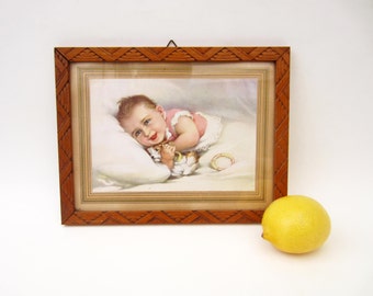 Laughing BABY & dog comforter⎮vintage framed PICTURE⎮Art deco frame⎮kid room retro decor