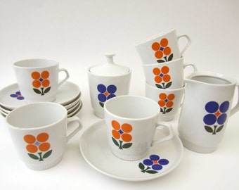 1970s COFFEE SERVICE⎮pop FLOWERS⎮vintage East German porcelain⎮14 pieces set