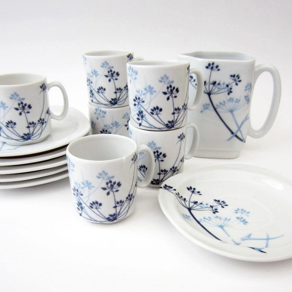 1960s French vintage COFFEE service⎮white china blue GRASSES⎮13 pieces set