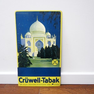 Original vintage German ADVERTISING CARDBOARD⎮Taj Mahal India⎮Crüwell Tabak⎮blue yellow⎮tobacconist sign ad⎮wall home bar decor⎮industrial