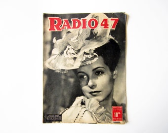 1940s French ancient MAGAZINE⎮RADIO 47⎮radio TV⎮Marcelle Derrien actress⎮French chic Paris⎮cover to frame⎮wall hanging retro home decor