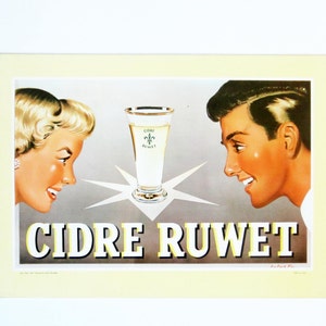 1960s Belgian vintage CARDBOARD ADVERTISING sign⎮Cider Ruwet⎮woman man glass⎮atomic style⎮bar pub bistro decor