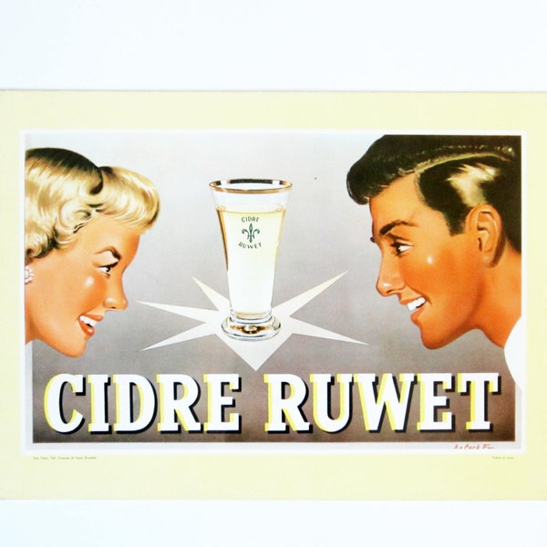 CARTON PUBLICITAIRE vintage années 60⎮CIDRE belge Ruwet⎮femme homme verre⎮style atomique⎮déco bar pub bistrot