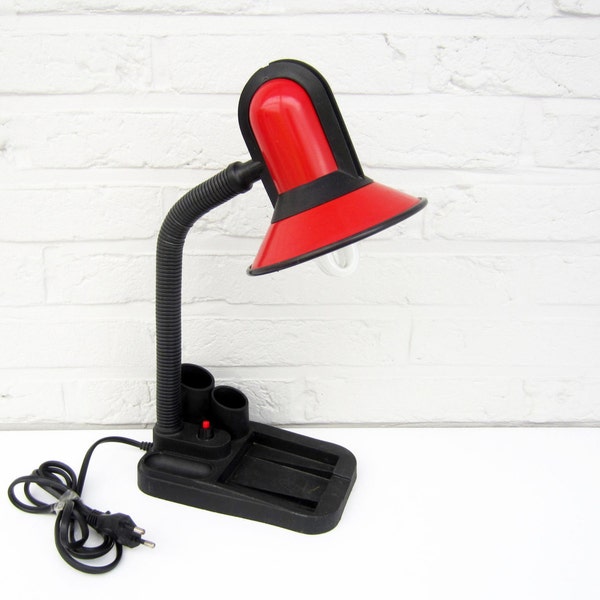 1970s vintage DESKTOP LAMP⎮Fase Spain⎮red black⎮flexible orientable neck⎮desktop organizer⎮mid century modern⎮industrial design