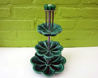 French vintage DELICACY TRAY⎮3-tier trays⎮green ceramic flowers shaped & metal⎮complete with 8 picks