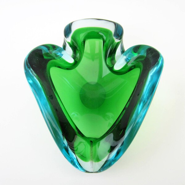 CENDRIER vintage VERRE soufflé⎮style Murano⎮vert émeraude & turquoise