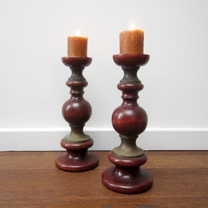 Vintage large CANDLESTICK⎮red wood golden copper⎮mid century modern⎮romantic decor⎮set of 2