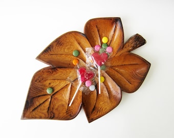 Vintage wood tree leaf shaped dish | rings fruits sweets dish | carved wood natural decor