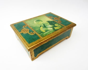 Vintage musical wood JEWEL BOX⎮women reading illustrated⎮green golden decor⎮mid century modern