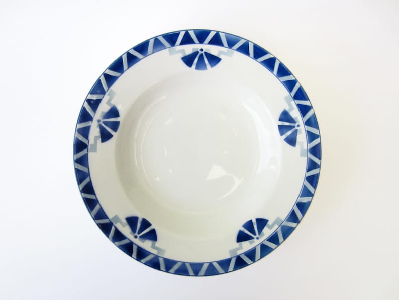 French vintage ceramic SOUP PLATEblue Art deco patternOrchies Francemid century modern retrocollectible plateset of 4 image 1