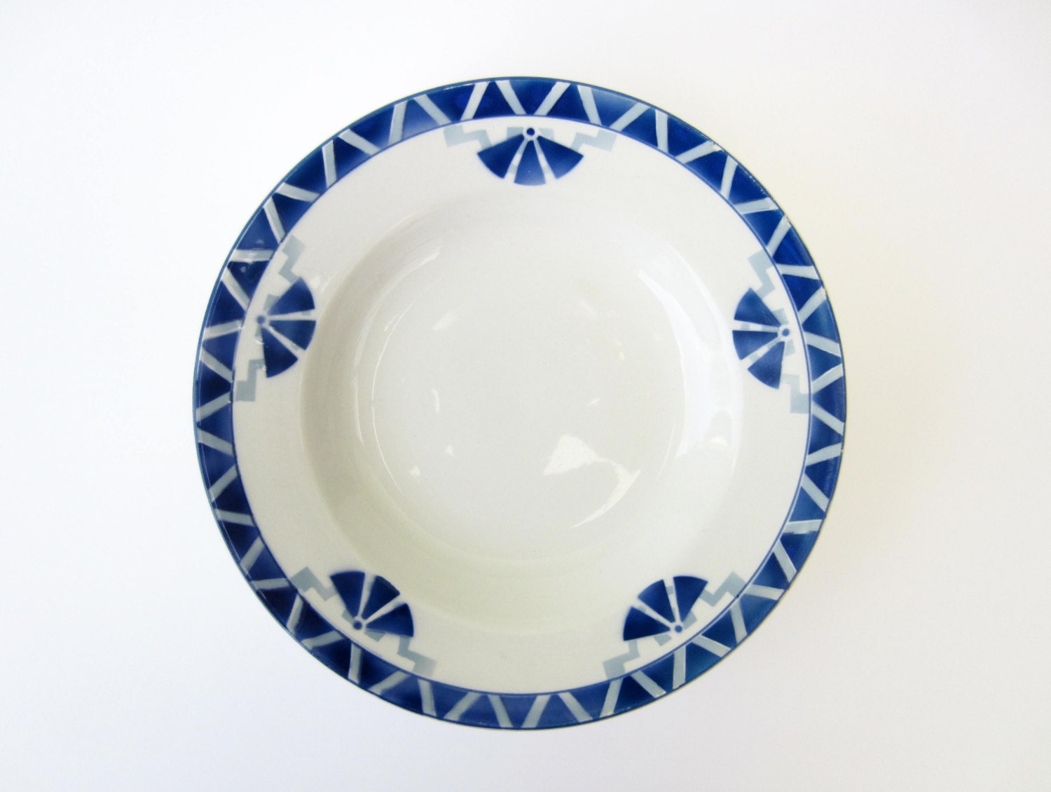 4 Assiettes Creuses Céramique Vintage?Décor Art Déco Bleu?Orchies France?Assiette de Collection Rétr