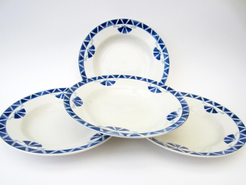 French vintage ceramic SOUP PLATEblue Art deco patternOrchies Francemid century modern retrocollectible plateset of 4 image 3