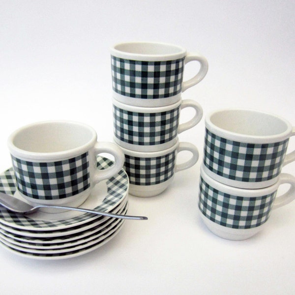 Vintage green GINGHAM COFFEE CUP set⎮Vichy French style⎮country chic rustic kitchen retro⎮cup & saucer set of 6