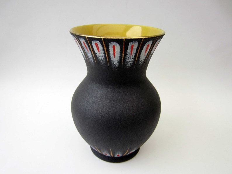 1950s ceramic VASEGerman fat lava texturedblack white red & gold decorMad men style image 1