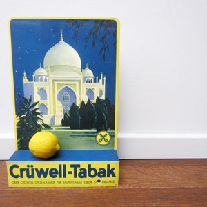 Original vintage German ADVERTISING CARDBOARDTaj Mahal IndiaCrüwell Tabakblue yellowtobacconist sign adwall home bar decorindustrial image 3