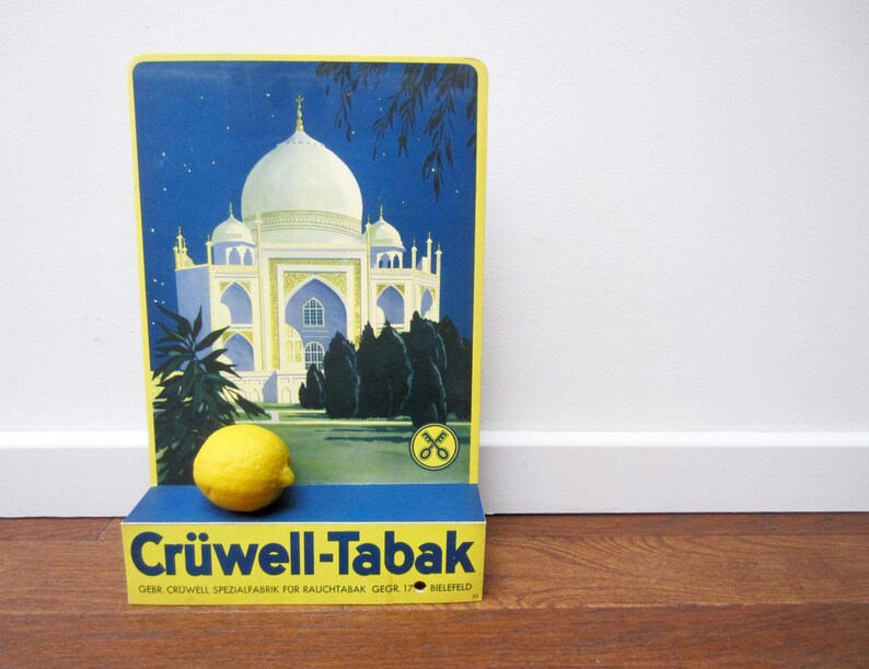 Original vintage German ADVERTISING CARDBOARDTaj Mahal IndiaCrüwell Tabakblue yellowtobacconist sign adwall home bar decorindustrial image 3