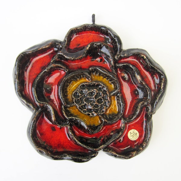 Ceramic FLOWER⎮hanging wall decor⎮Jan van Erp keramiek⎮Hollandse pottery⎮red yellow⎮ brutalist fat lava style⎮collectible⎮mid century modern