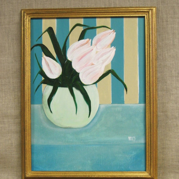 Original Fine Art Still Life Painting, Flowers, White Tulips, Framed, Wil Shepherd Studio, Floral, Holland,Spring Time,Handmade,Hand Painted