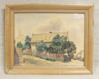 Rural Barn Landscape Watercolor Painting, Original Framed Vintage Architectural Wall Art Large Home Décor