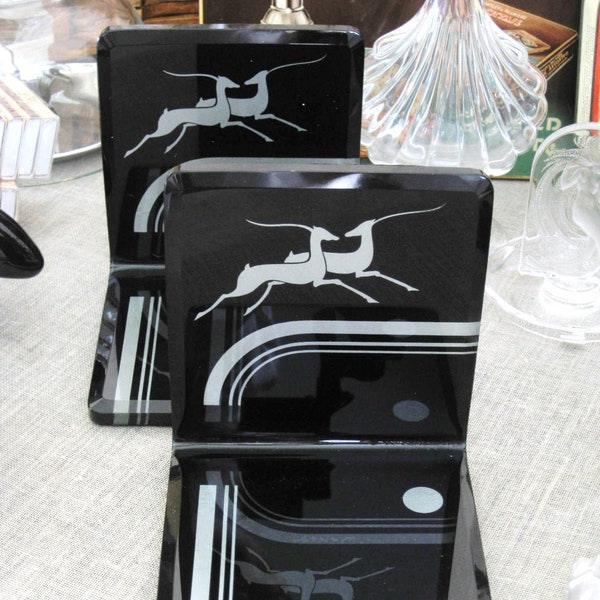 Vintage Art Deco Glass Bookends Reverse Painted Library Black Gazelle Motif