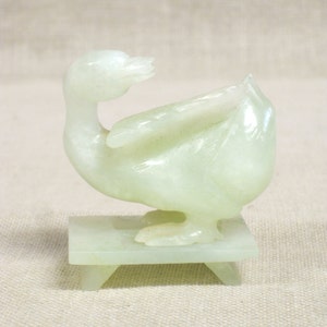 Vintage Jadeite Duck Carving, Hand Carved Bird Stone Sculpture, Green