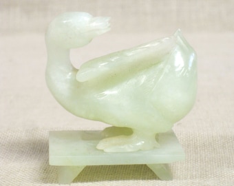 Vintage Jade Duck Carving Hand Carved Bird Stone Sculpture, Green