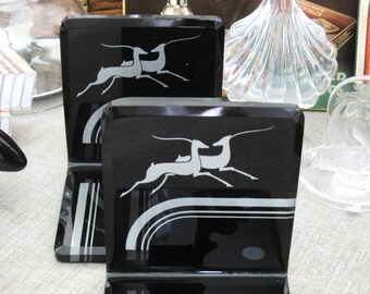 Art Deco Bookends Glass Reverse Painted, Library Home Décor Black Gazelle Motif Bookworm Gift