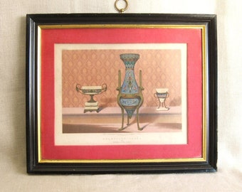 Vintage Lithograph Fine Art Print, Framed Victorian Etching Barbeddienne Paris, Enameled Vases, JB Waring Direx