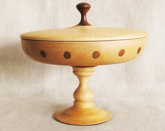 Vintage Pedestal Lidded Box Wooden Compote Style Maple and Walnut, Storage and Organization