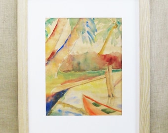 Tropical Beach Landscape Watercolor Painting, Original Framed Wall Art, Beach House Coastal Housewarming