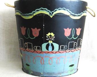 Helen Hume Hand Painted Bucket, Wooden Folk Art Vintage Waste Paper Basket, Signed Mid-Century