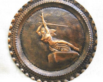 Folk Art Female Portrait, Repousse Chased Copper Plate, Hand Worked Metal Wall Art Home Décor