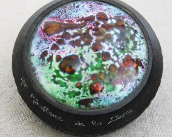 Copper Enamel Dresser Box with Lid, Marked Spain, Round European Vintage Desk Storage and Organization