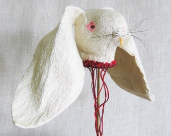 White Rabbit Sculpture, Faux Taxidermy, Hand Embroidery Textile Art, Nature and Wildlife, Stop Animal Cruelty