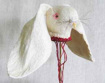 White Rabbit Sculpture Hand Embroidery Textile Art Faux Taxidermy Nature and Wildlife Stop Animal Cruelty